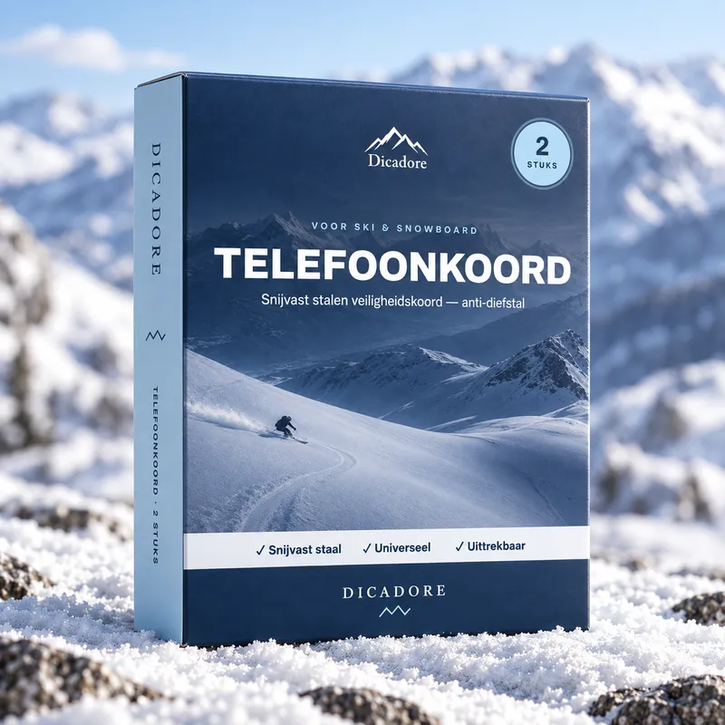 De doos van het Dicadore-telefoonkoord in de sneeuw, met bergen op de achtergrond